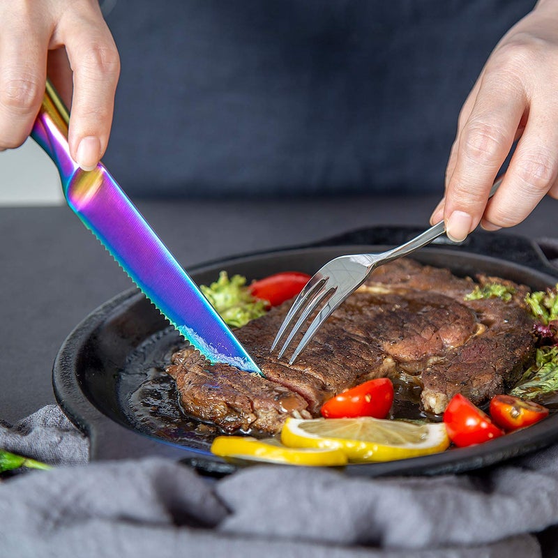 WELLSTAR Rainbow Serrated Steak Knife Set of 6, Razor Sharp German Steel Blade 4.75 inch and Comfortable Stainless Steel Hollow Handle with Titanium Coated Dinner Table Knives Set for Home Restaurant - Image 5